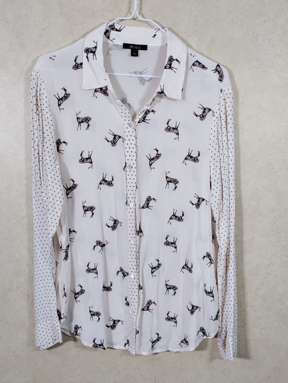 J180 Ella Moss Cream & Brown Deer & Polka Dot Button Up Blouse L